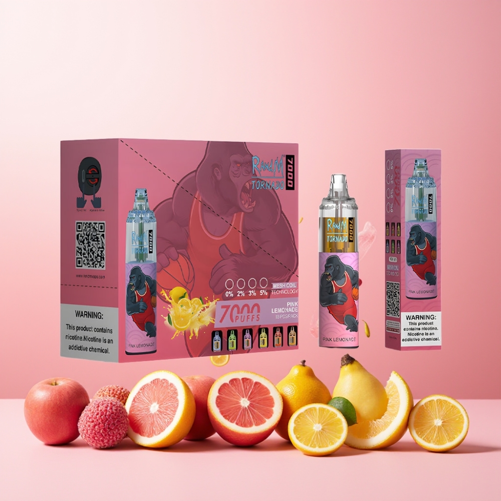RandM Fumot Tornado 7000 Norge Engros – 14 ML E-liquid, 850 MAH Battery, Mesh Coil, Type-C – Rosa Sitronade