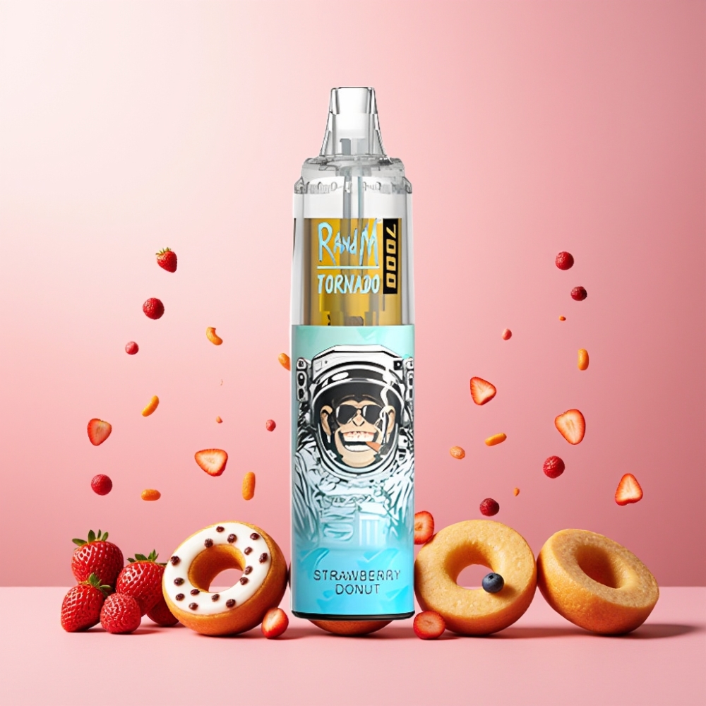 RandM Fumot Tornado 7000 Norge Engros – 14 ML E-liquid, 850 MAH Battery, Type-C Port – Jordbær Donut Vape til engangsbruk