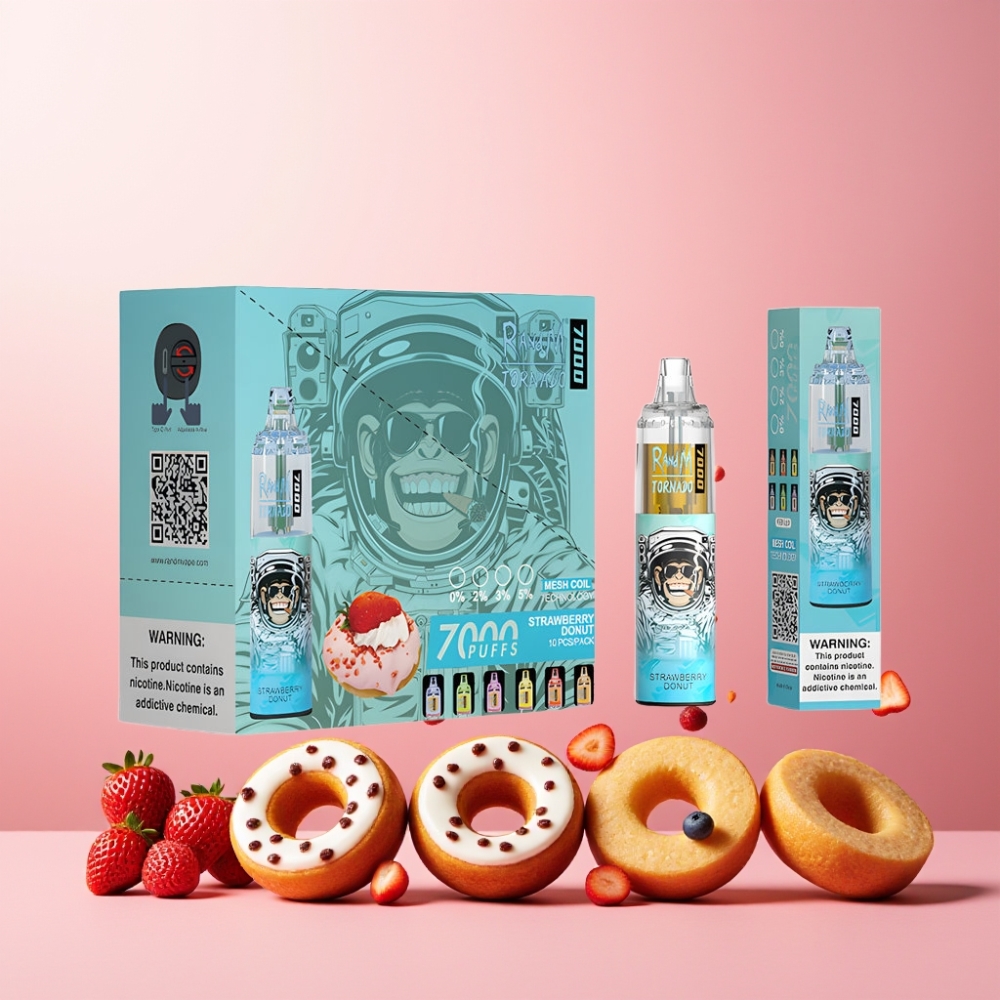 RandM Fumot Tornado 7000 Norge Engros – 14 ML E-liquid, 850 MAH Battery, Type-C Port – Jordbær Donut Vape til engangsbruk