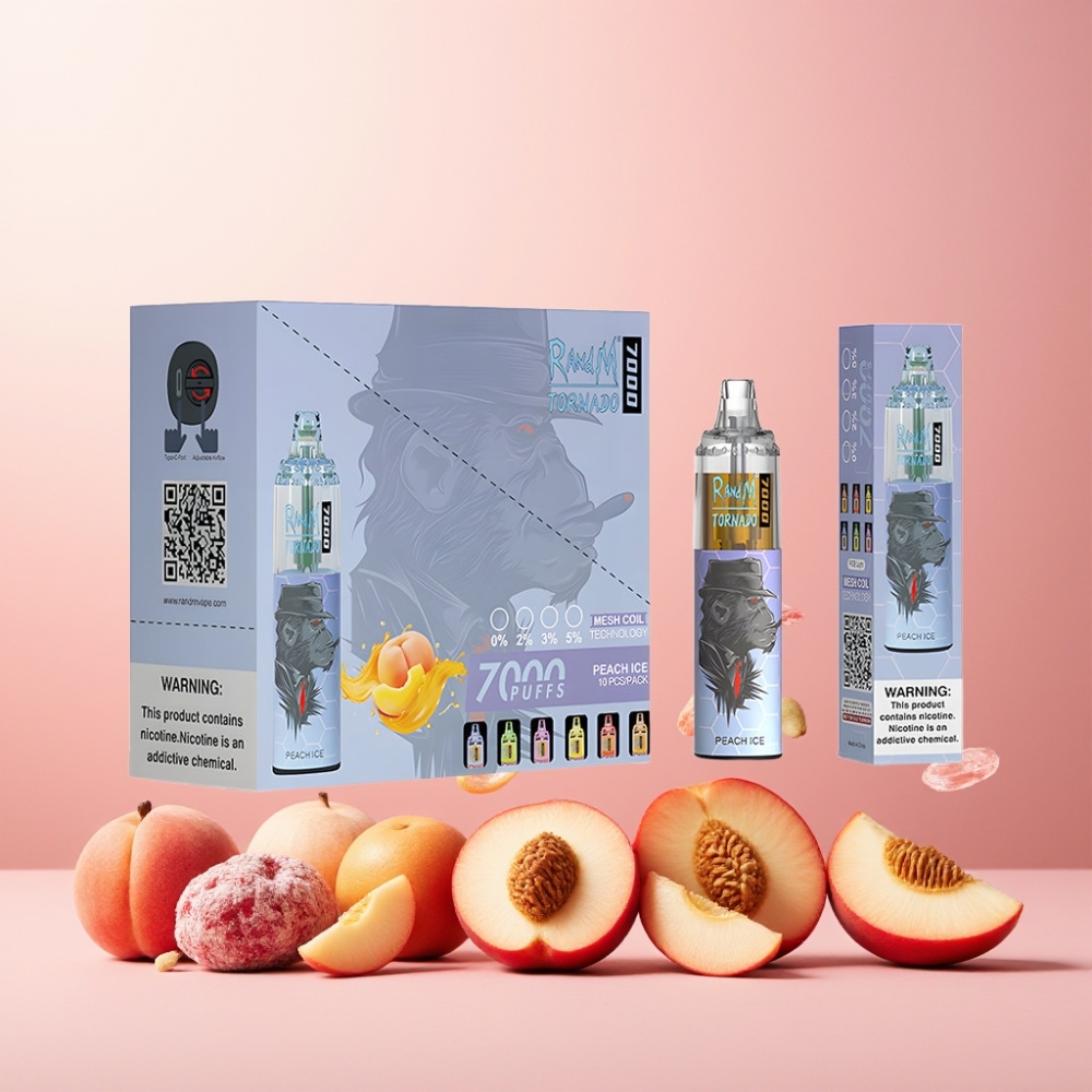 RandM Fumot Tornado 7000 Norge Engros – 14 ML E-liquid, 850 MAH, Mesh Coil, Type-C, RGB – Fersken Is