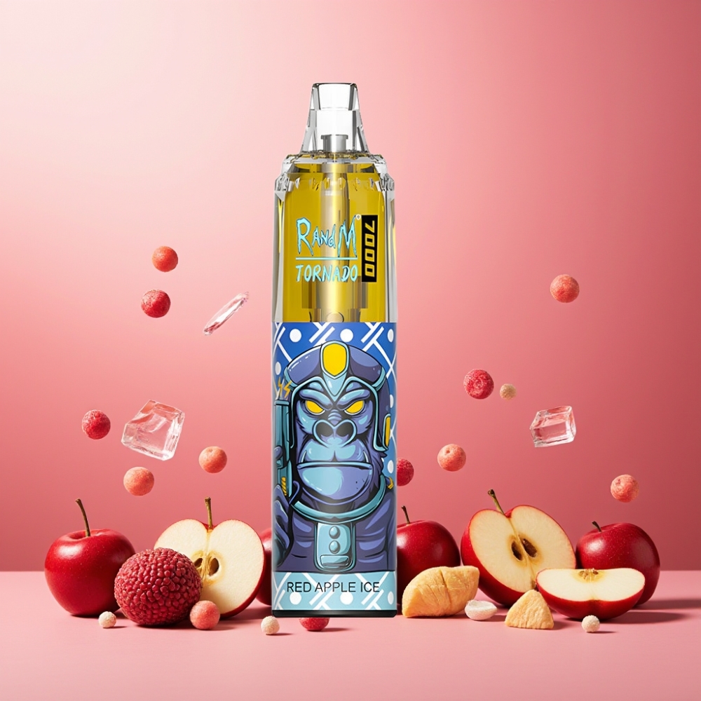 RandM Fumot Tornado 7000 Norge Engros – 7000 Puffs, 14 ML E-liquid, 850 MAH Battery, Type-C, RGB Lys – Rød Eple Is