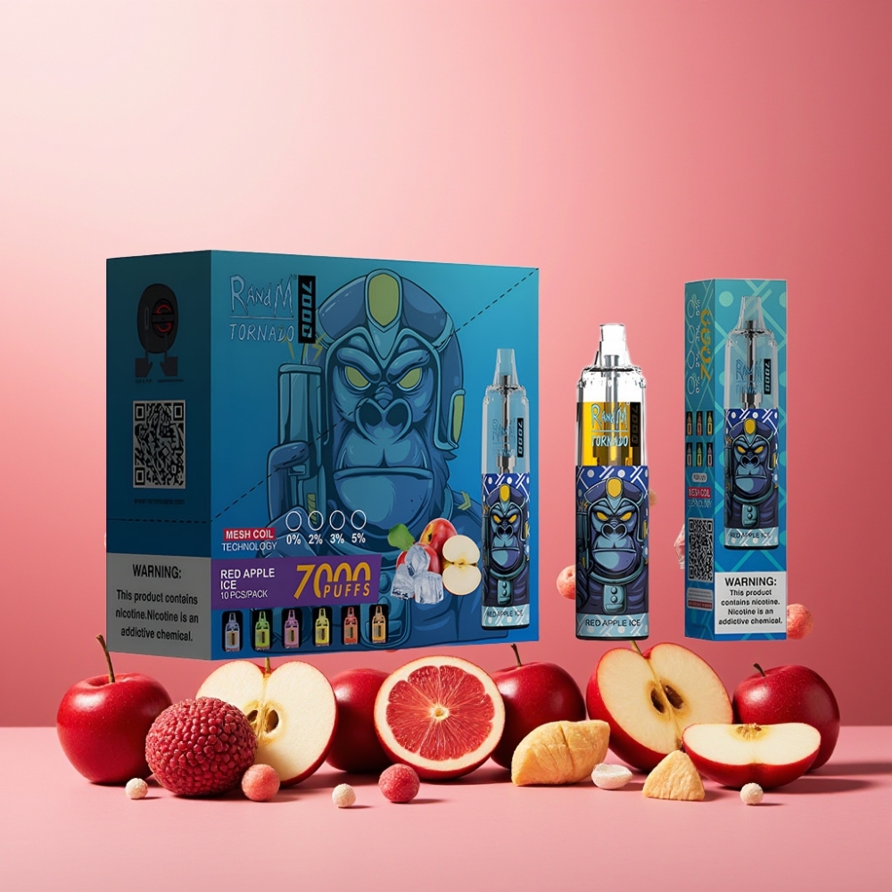 RandM Fumot Tornado 7000 Norge Engros – 7000 Puffs, 14 ML E-liquid, 850 MAH Battery, Type-C, RGB Lys – Rød Eple Is