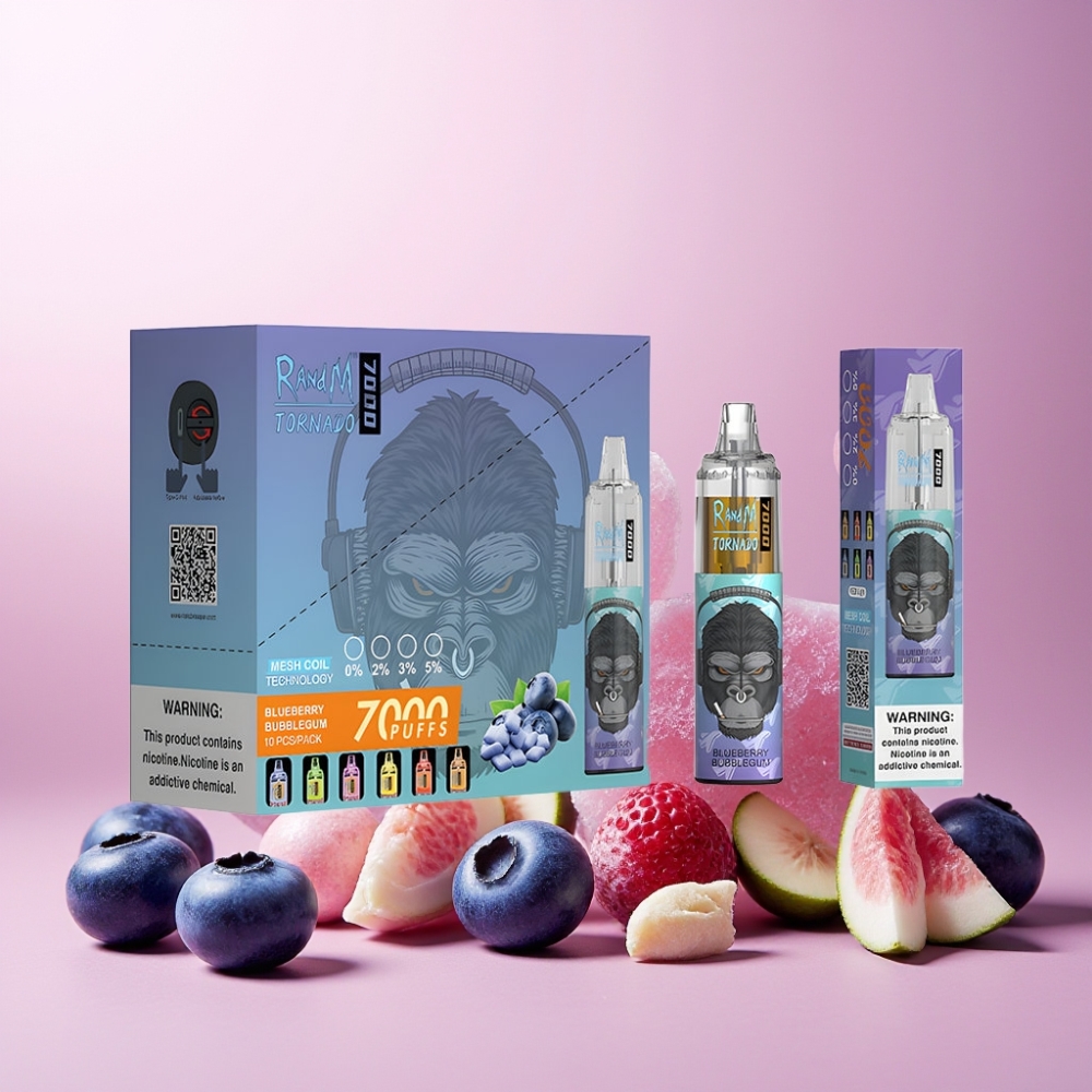 RandM Fumot Tornado 7000 Norge Engros – 7000 Puffs, 14 ML E-liquid, Blåbær Bubblegum, Justerbar Luftstrøm, Type-C Lading, RGB Lys