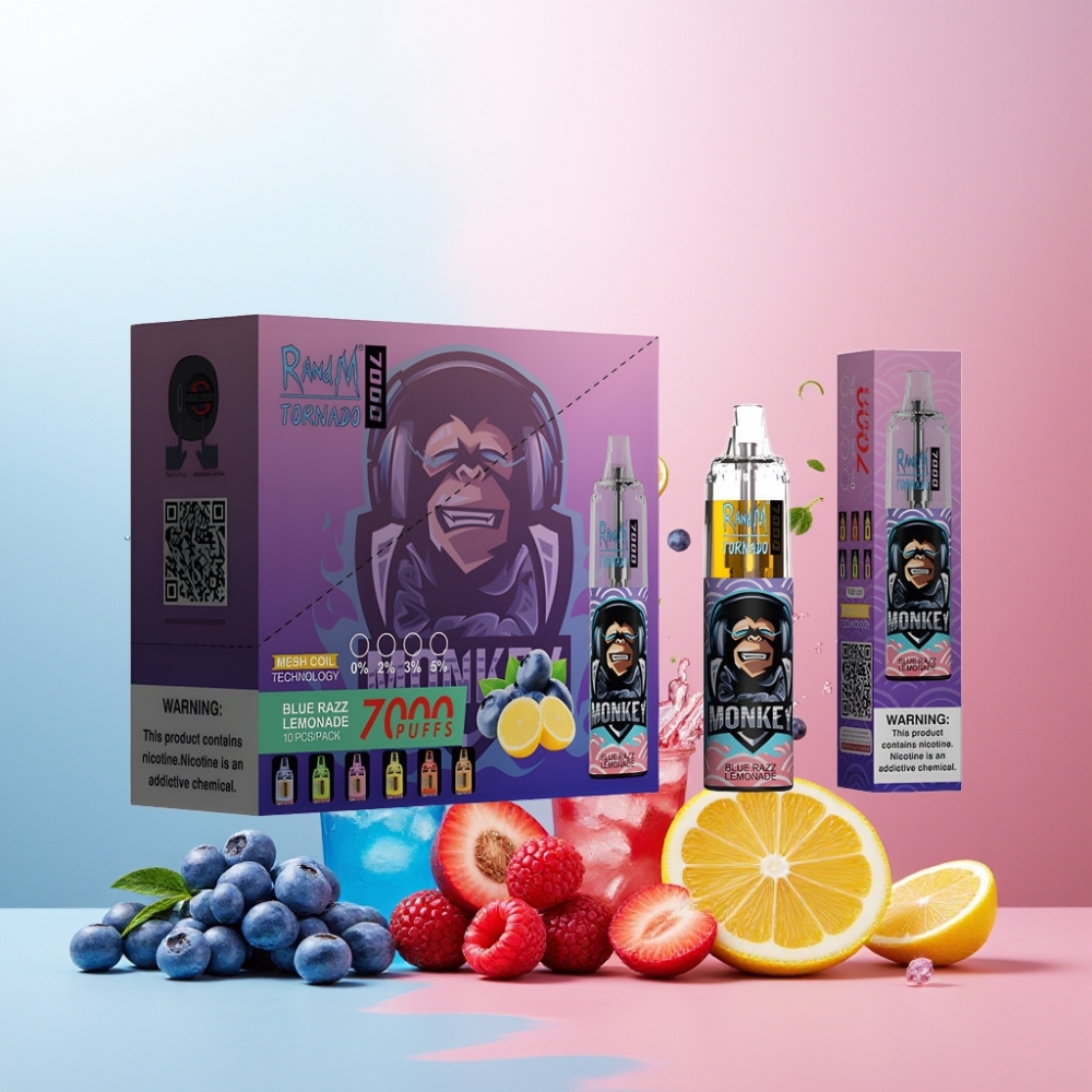 RandM Fumot Tornado 7000 Norge Engros – 7000 Puffs, Blå Bringebær Lemonade, 14 ML E-liquid, 850 MAH Batteri, Mesh Coil, Type-C Lading, RGB Lys, Justerbar Luftstrøm