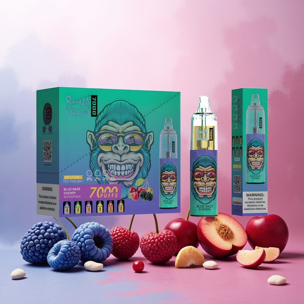 RandM Fumot Tornado 7000 Norge Engros Vape til engangsbruk – 7000 Puff, 14 ML E-liquid, Blå Bringebær/Kirsebær, Mesh Coil, Type-C Lading
