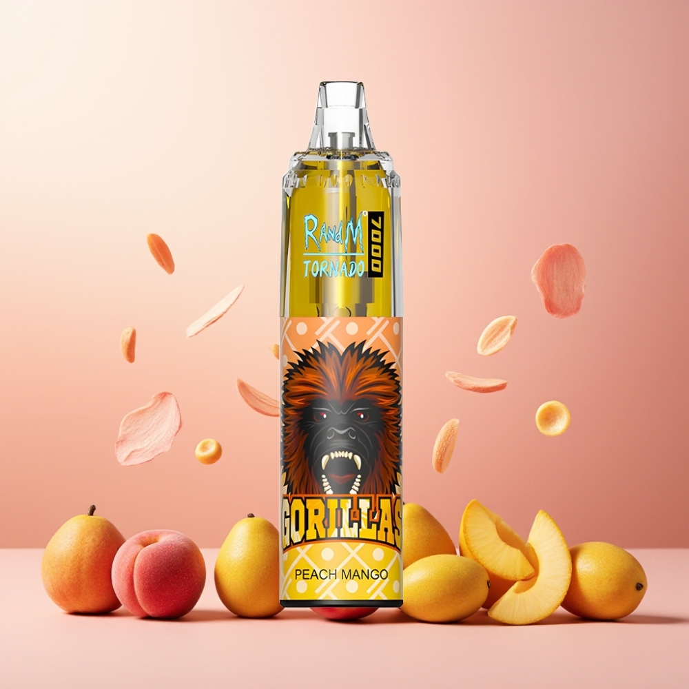 RandM Fumot Tornado 7000 Norge Engros Vape til engangsbruk Fersken Mango – 14ML E-liquid, 850MAH Batteri, Mesh Coil, Type-C Port, RGB Lys