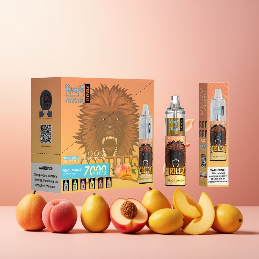 RandM Fumot Tornado 7000 Norge Engros Vape til engangsbruk Fersken Mango – 14ML E-liquid, 850MAH Batteri, Mesh Coil, Type-C Port, RGB Lys