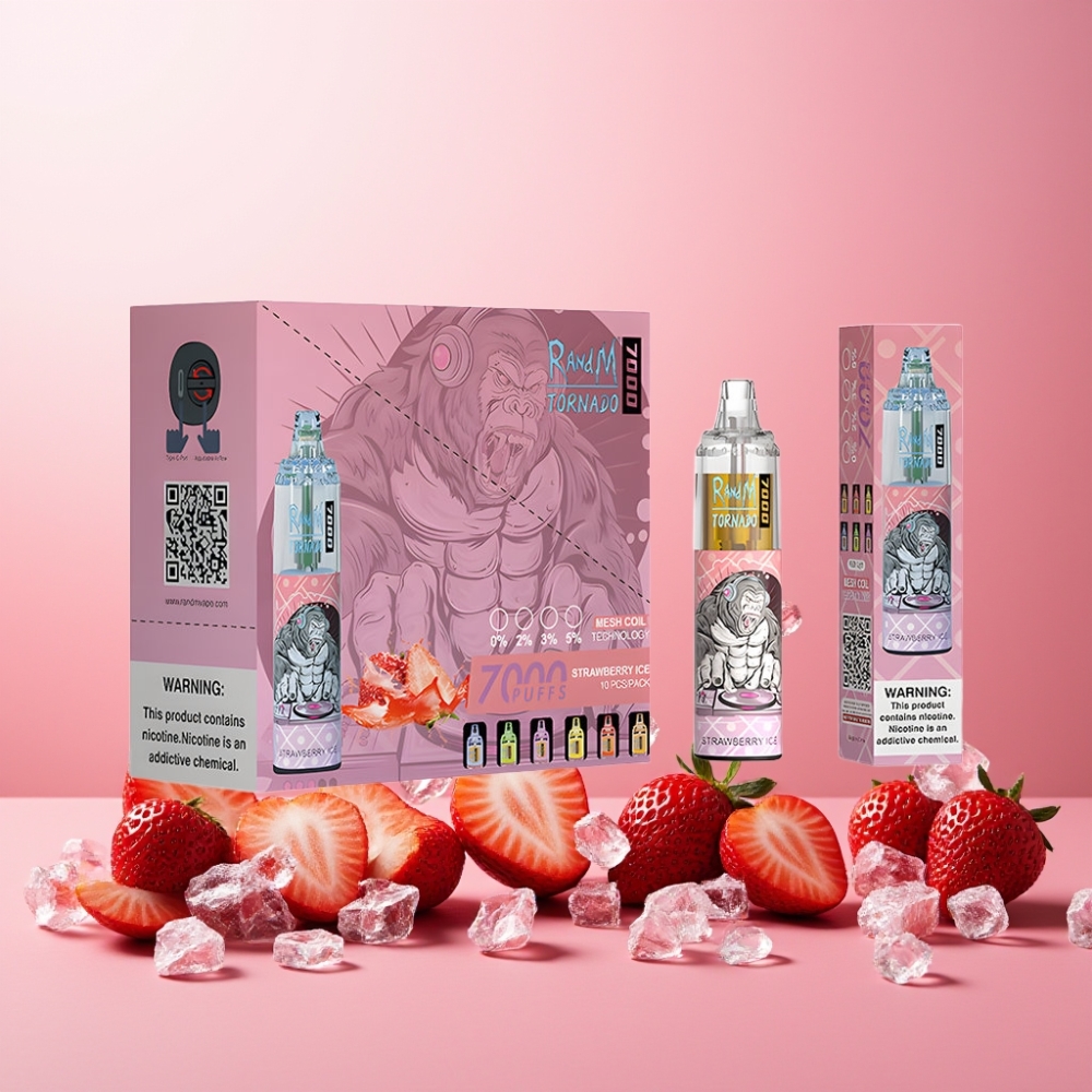 RandM Fumot Tornado 7000 Norge Engros Vape til engangsbruk Jordbær Is – 7000 Puffs, 14 ML, 850 MAH, Mesh Coil, Type-C, RGB Lys, Justerbar Luftstrøm