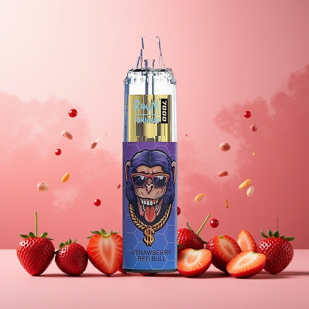 RandM Fumot Tornado 7000 Norge Engros Vape til engangsbruk Jordbær Red Bull – 7000 Puffs, 14 ML E-liquid, 850 MAH Batteri, Mesh Coil, Type-C Port, RGB Lys, Luftjustering