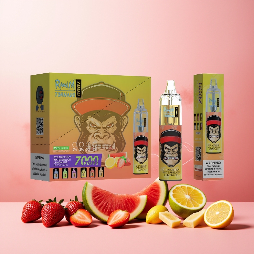 RandM Fumot Tornado 7000 Norge Engros Vape til engangsbruk – Jordbær, Vannmelon, Lemonade – 7000 Puffs, 14 ML E-liquid, 850 MAH, Mesh Coil, Type-C, RGB Lys, Luftjustering
