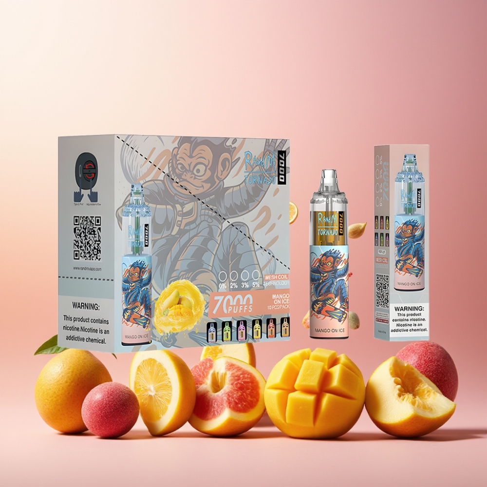 RandM Fumot Tornado 7000 Norge Engros Vape til engangsbruk Mango Is med 14 ML E-liquid, 850 MAH Batteri, Mesh Coil & RGB Lys