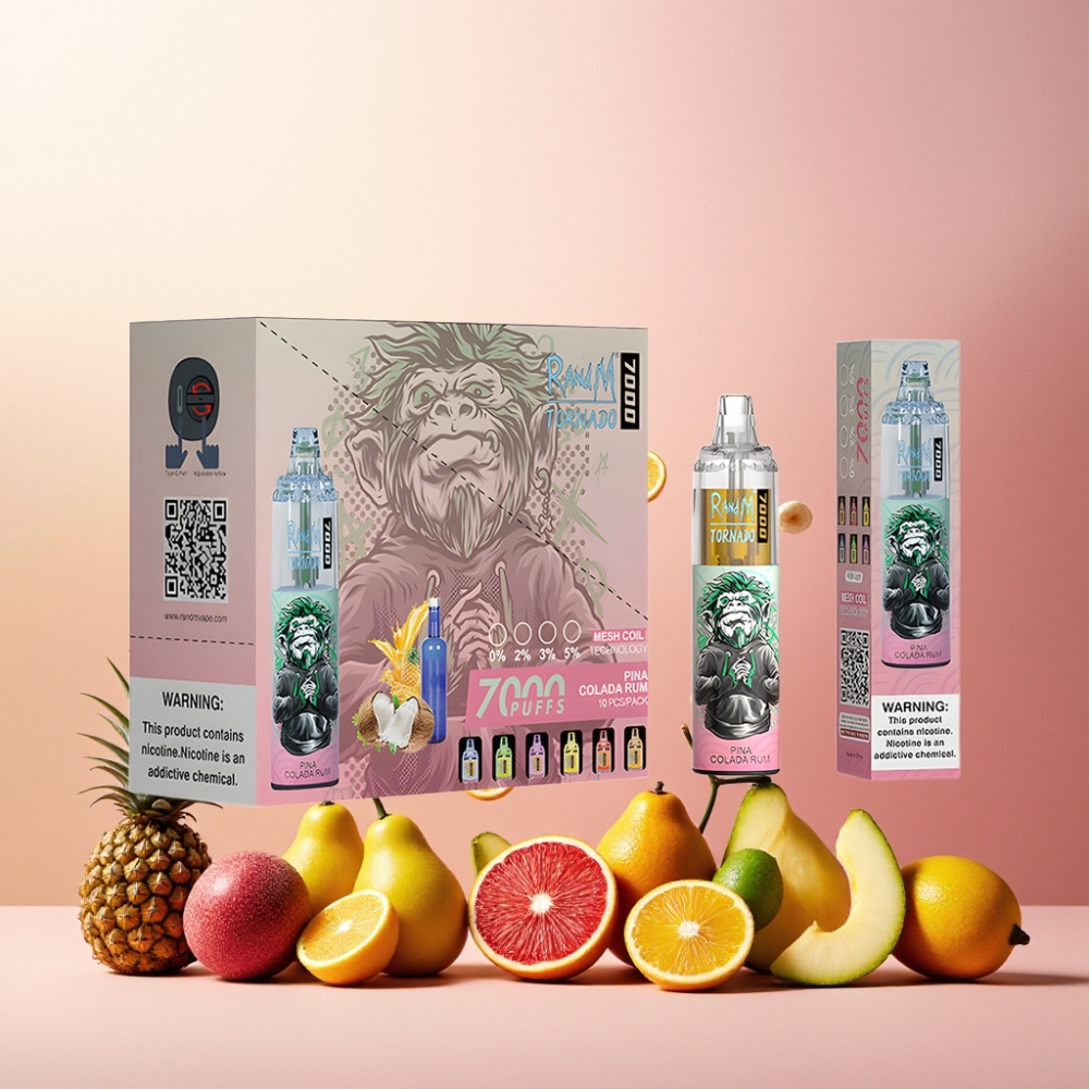 RandM Fumot Tornado 7000 Norge Engros Vape til engangsbruk Pina Colada Rom – 14 ML E-liquid, 850 MAH Batteri, Mesh Coil, Type-C, RGB Lys, Luftjustering