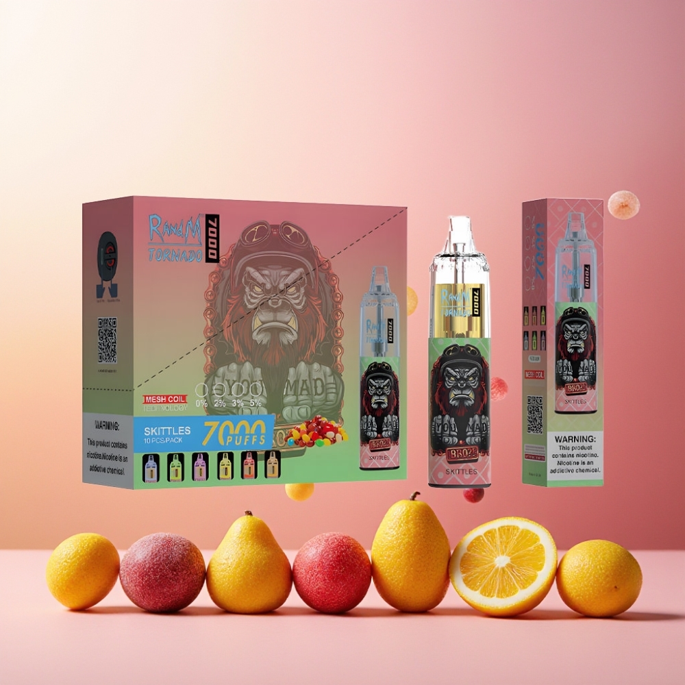 RandM Fumot Tornado 7000 Norge Engros Vape til engangsbruk Skittles 14ML 850MAH Mesh Coil Type-C RGB Air-Adjustable