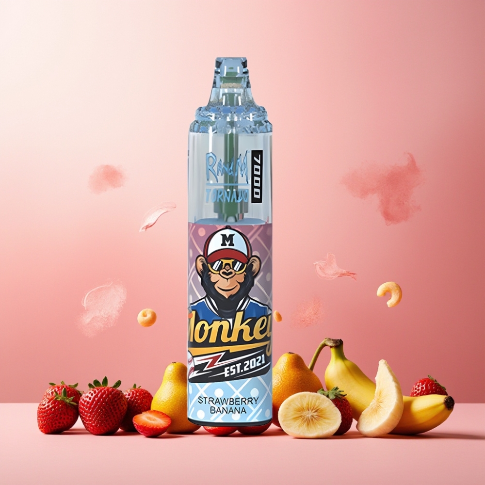 RandM Fumot Tornado 7000 Norge engros – 14 ML E-liquid, 850 MAH Battery, Type-C Port – Jordbær og Banan Vape til engangsbruk