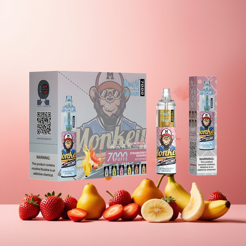 RandM Fumot Tornado 7000 Norge engros – 14 ML E-liquid, 850 MAH Battery, Type-C Port – Jordbær og Banan Vape til engangsbruk