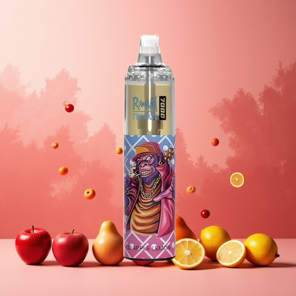 RandM Fumot Tornado 7000 Norge engros – Rødt Eple og Sitron – 14 ML E-liquid, 850 MAH, Mesh Coil, Type-C, RGB Lys, Luftjustering