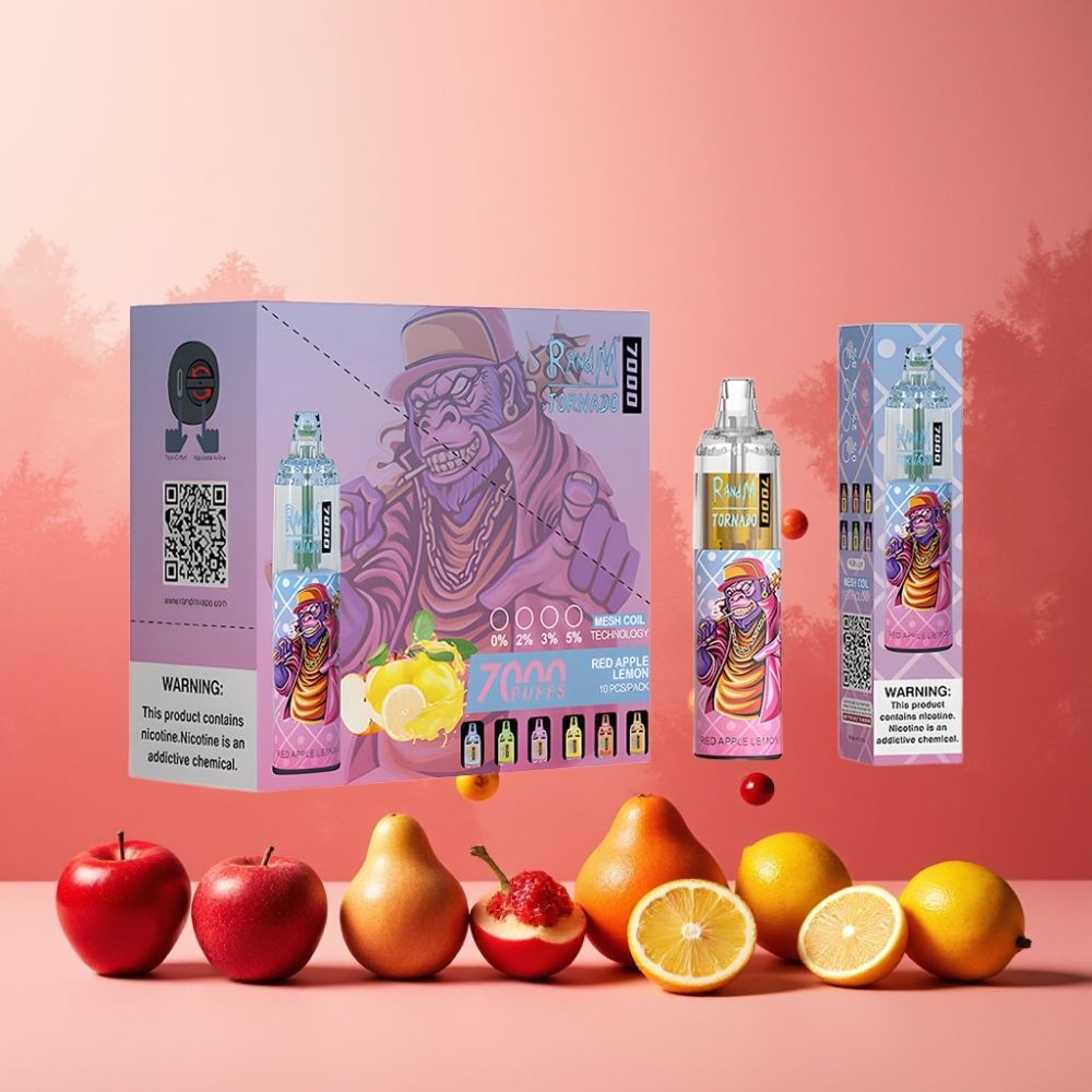 RandM Fumot Tornado 7000 Norge engros – Rødt Eple og Sitron – 14 ML E-liquid, 850 MAH, Mesh Coil, Type-C, RGB Lys, Luftjustering