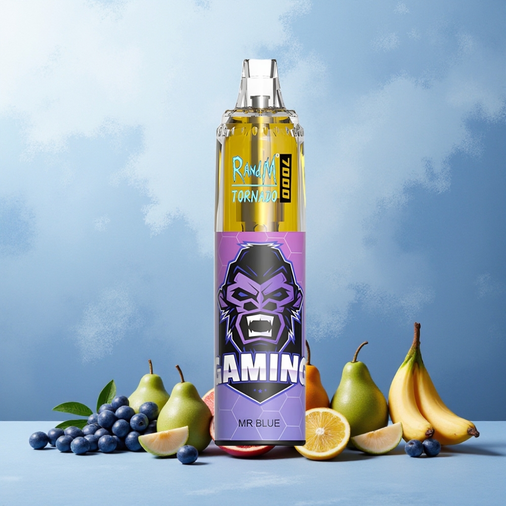 RandM Fumot Tornado 7000 Puffs Norge Engros – 14 ML E-liquid, 850 MAH Batteri, Mesh Coil, Type-C Port, RGB Lys, Dr. Blå