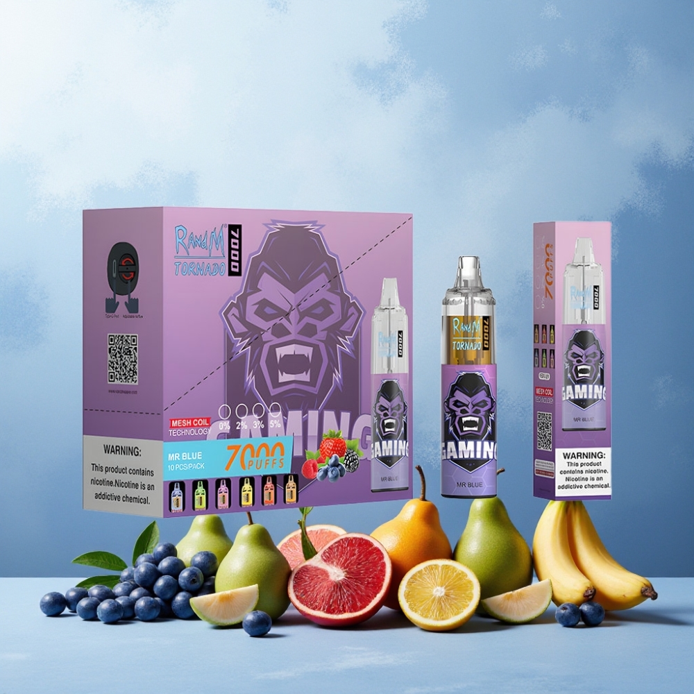 RandM Fumot Tornado 7000 Puffs Norge Engros – 14 ML E-liquid, 850 MAH Batteri, Mesh Coil, Type-C Port, RGB Lys, Dr. Blå