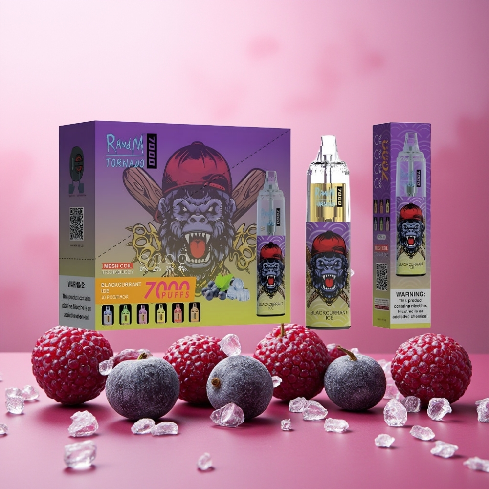 RandM Fumot Tornado 7000 Puffs Norge Engros – 14 ML E-liquid, 850 MAH Batteri, Mesh Coil, Type-C Port, RGB Lys, Justerbar Luft – Solbær Is