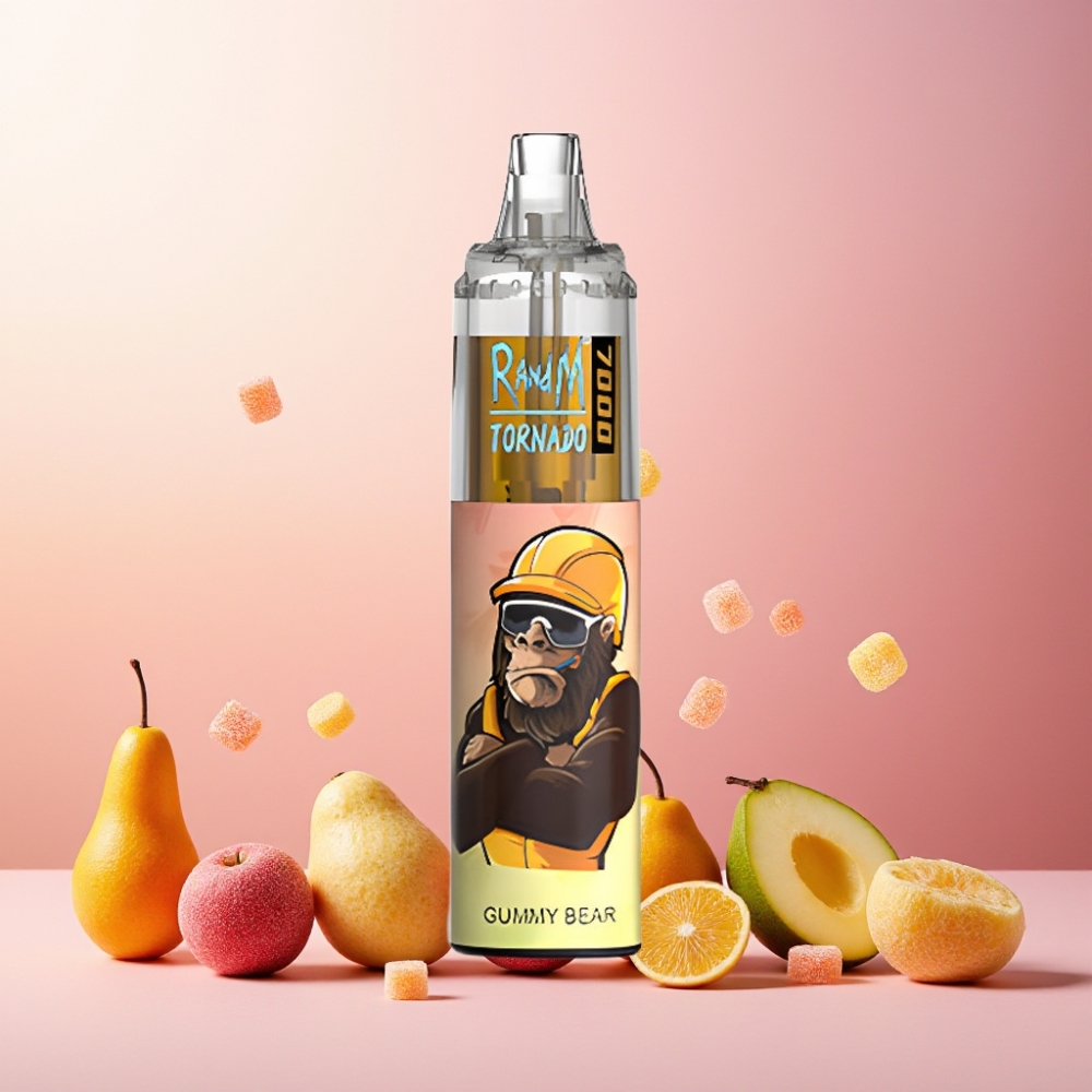 RandM Fumot Tornado 7000 Puffs Norge Engros – 14 ML E-liquid, 850 MAH Battery, Mesh Coil, Type-C Port, Justbear (Gummy Bear) Smak