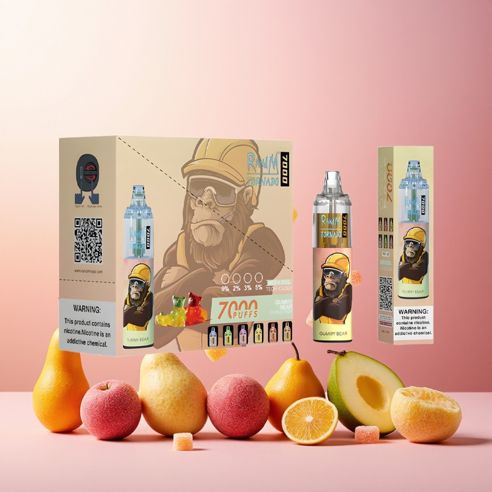 RandM Fumot Tornado 7000 Puffs Norge Engros – 14 ML E-liquid, 850 MAH Battery, Mesh Coil, Type-C Port, Justbear (Gummy Bear) Smak