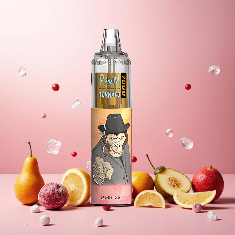 RandM Fumot Tornado 7000 Puffs Norge Engros – 14 ML E-liquid, 850 MAH Battery, Mesh Coil, Type-C Port, RGB Light – Luftjusterbar – Lush Ice (Saftig Is)