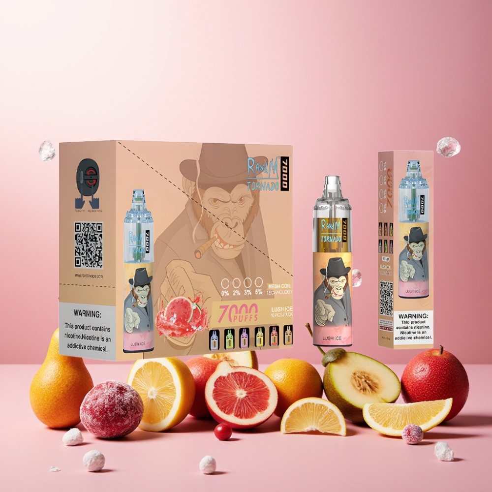 RandM Fumot Tornado 7000 Puffs Norge Engros – 14 ML E-liquid, 850 MAH Battery, Mesh Coil, Type-C Port, RGB Light – Luftjusterbar – Lush Ice (Saftig Is)