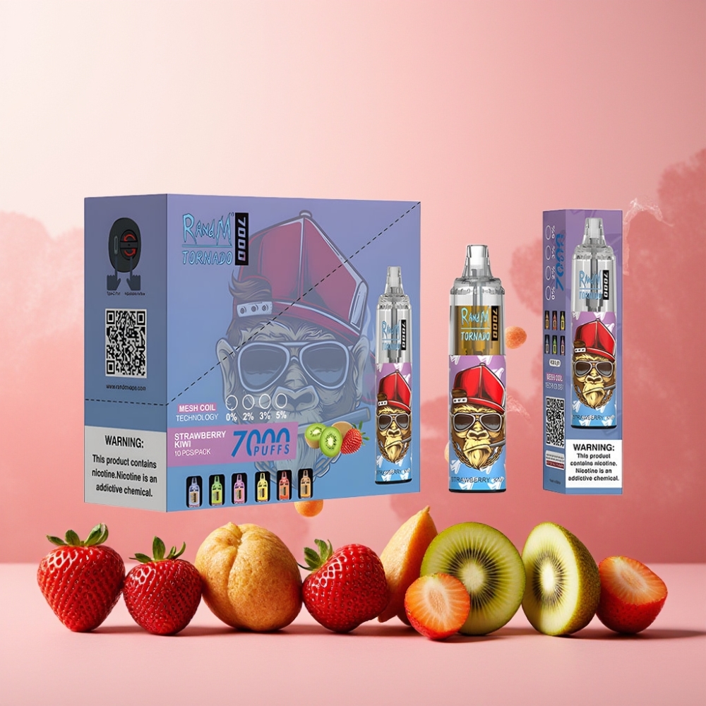 RandM Fumot Tornado 7000 Puffs Norge Engros – 14 ML E-liquid, 850 MAH Battery, Type-C Port – Jordbær Kiwi