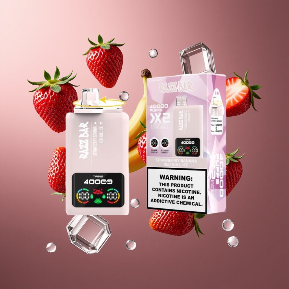 Norge Engros Razz Bar 40000 Puffs Vape til Engangsbruk med Power Skjerm, 1.0Ω 2 Mesh Coil & 650 Mah Batteri – Jordbær & Banan & Red Bull Is