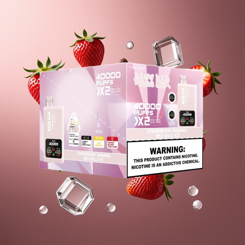 Norge Engros Razz Bar 40000 Puffs Vape til Engangsbruk med Power Skjerm, 1.0Ω 2 Mesh Coil & 650 Mah Batteri – Jordbær & Banan & Red Bull Is
