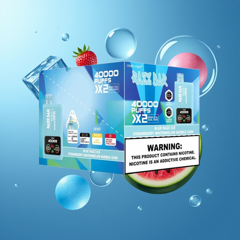 Norge engros Razz Bar 40000 Puffs Vape til Engangsbruk Blå Bringebær Is & Jordbær Vannmelon Tyggegummi med Power Screen Display, 1.0Ω 2 Mesh Coil og 650 Mah Type-C Batteri