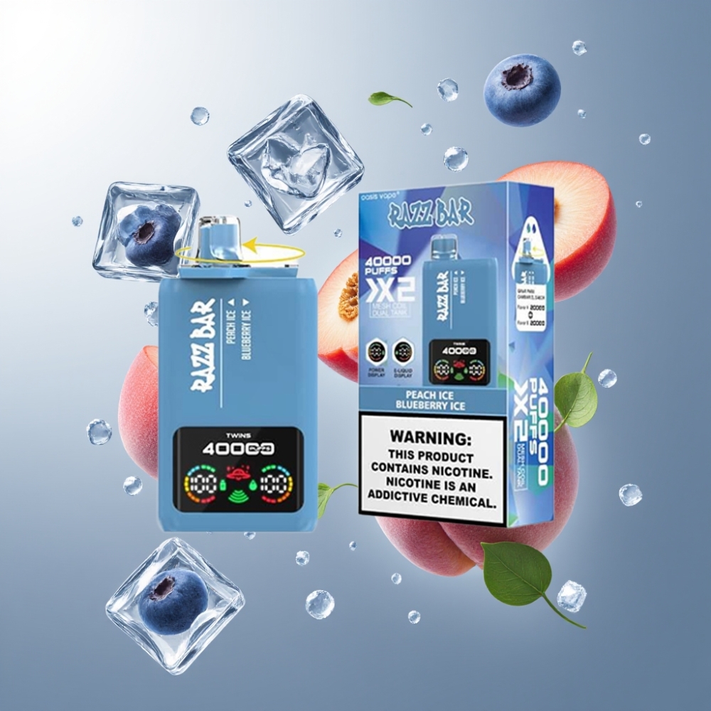 Norge engros Razz Bar 40000 Puffs Vape til Engangsbruk Fersken Is & Blåbær Is med Power Screen Display, 1.0Ω 2 Mesh Coil og 650 Mah Battery Type-C Port