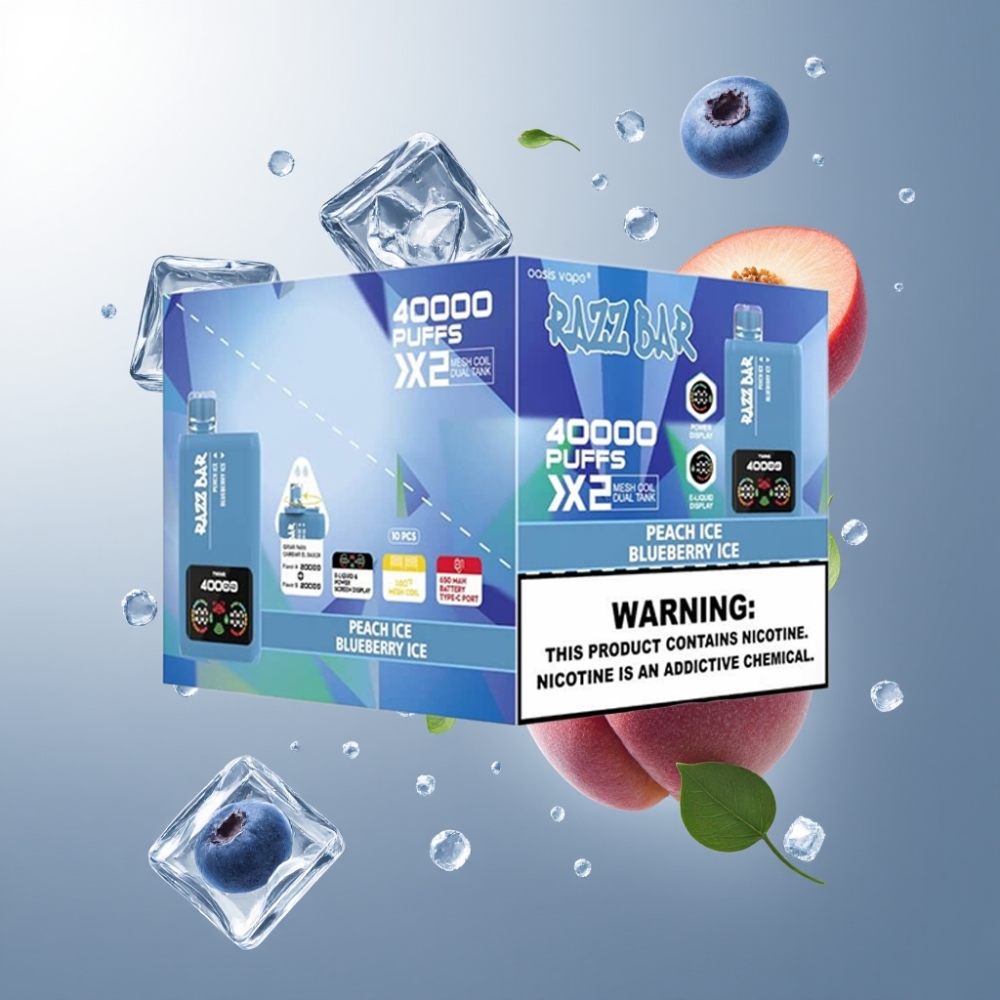 Norge engros Razz Bar 40000 Puffs Vape til Engangsbruk Fersken Is & Blåbær Is med Power Screen Display, 1.0Ω 2 Mesh Coil og 650 Mah Battery Type-C Port