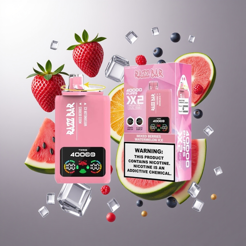 Razz Bar 40000 Puffs Norge Engros – 650 mAh Type-C, 1.0Ω 2 Mesh Coil, Power Skjerm – Blandede Bær & Vannmelon Is Vape til Engangsbruk