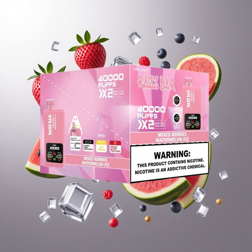 Razz Bar 40000 Puffs Norge Engros – 650 mAh Type-C, 1.0Ω 2 Mesh Coil, Power Skjerm – Blandede Bær & Vannmelon Is Vape til Engangsbruk