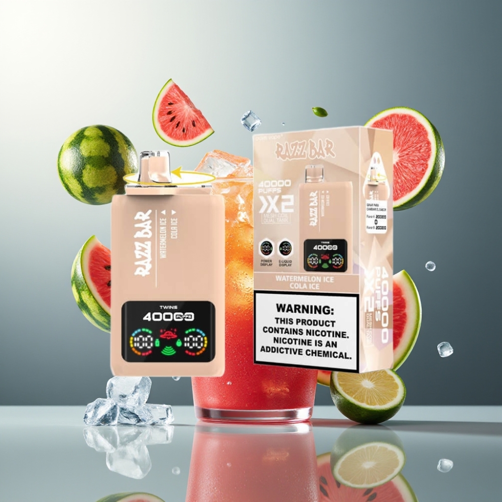 Razz Bar 40000 Puffs Norge Engros Vape til Engangsbruk 1.0Ω 2 Mesh Coil & Power Skjerm Vannmelon Is & Cola Is
