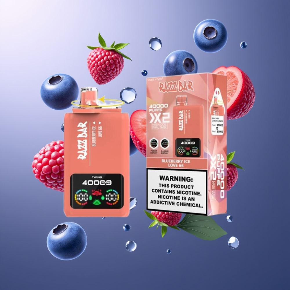 Razz Bar 40000 Puffs Norge Engros Vape til Engangsbruk Blåbær Is & Kjærlighet 66 med Power Screen Display, 1.0Ω 2 Mesh Coil og 650 mAh Type-C Lading