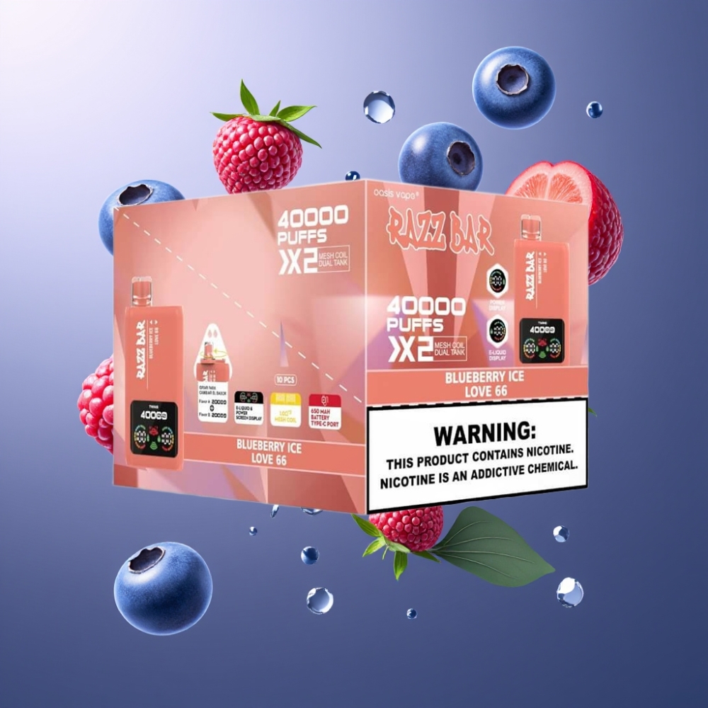 Razz Bar 40000 Puffs Norge Engros Vape til Engangsbruk Blåbær Is & Kjærlighet 66 med Power Screen Display, 1.0Ω 2 Mesh Coil og 650 mAh Type-C Lading