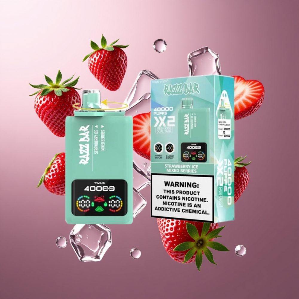 Razz Bar 40000 Puffs Norge Engros Vape til Engangsbruk Jordbær Is & Blandede Bær med Power Screen Display, 1.0Ω 2 Mesh Coil og 650 Mah Type-C Batteri
