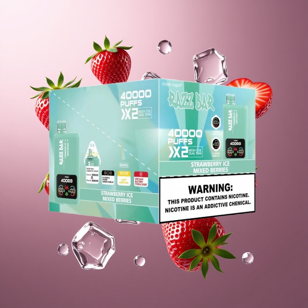 Razz Bar 40000 Puffs Norge Engros Vape til Engangsbruk Jordbær Is & Blandede Bær med Power Screen Display, 1.0Ω 2 Mesh Coil og 650 Mah Type-C Batteri