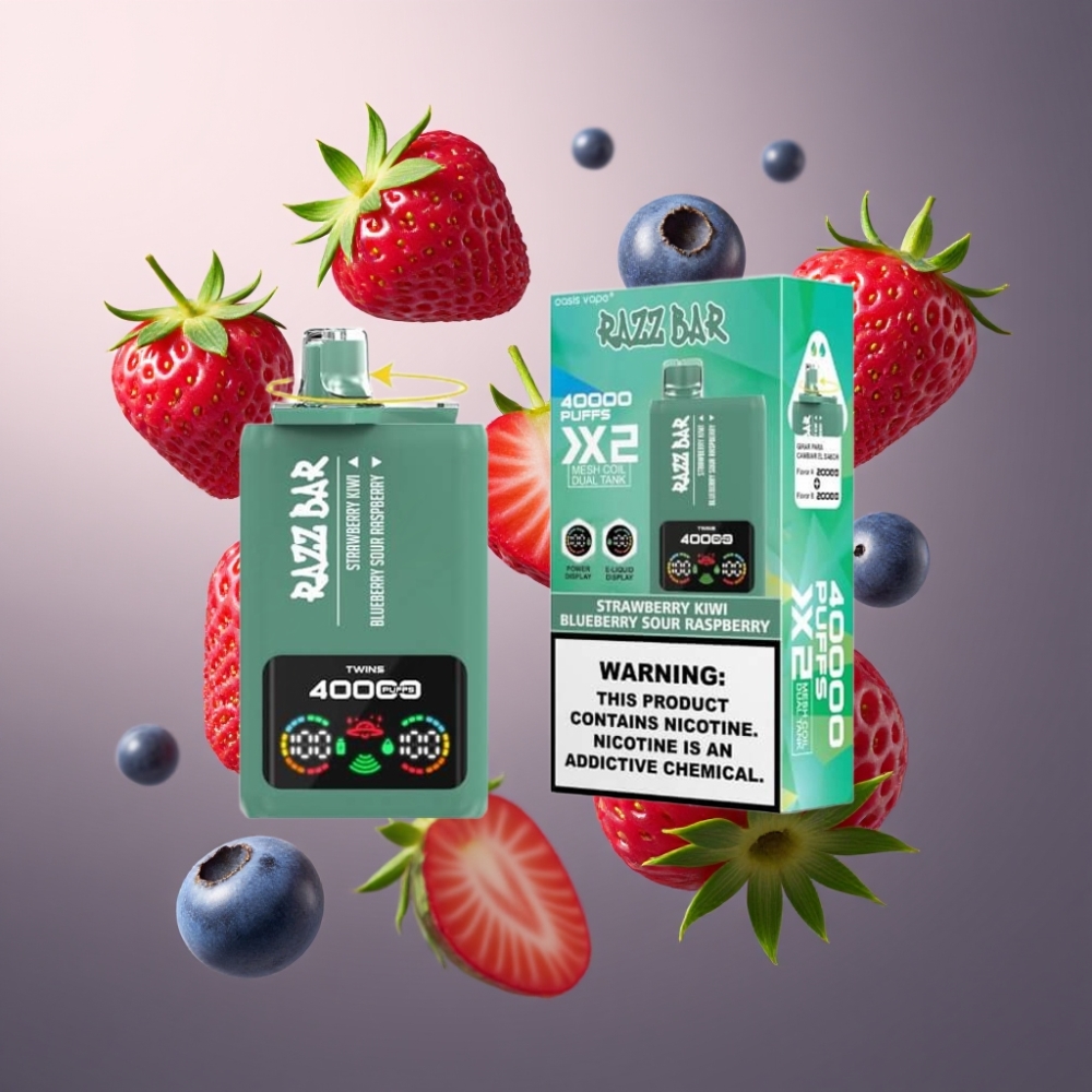 Razz Bar 40000 Puffs Norge Engros Vape til Engangsbruk Jordbær Kiwi & Blåbær Sur Bringebær med Power Screen Display, 1.0Ω 2 Mesh Coil og 650 Mah Type-C Batteri