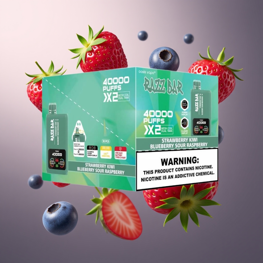 Razz Bar 40000 Puffs Norge Engros Vape til Engangsbruk Jordbær Kiwi & Blåbær Sur Bringebær med Power Screen Display, 1.0Ω 2 Mesh Coil og 650 Mah Type-C Batteri