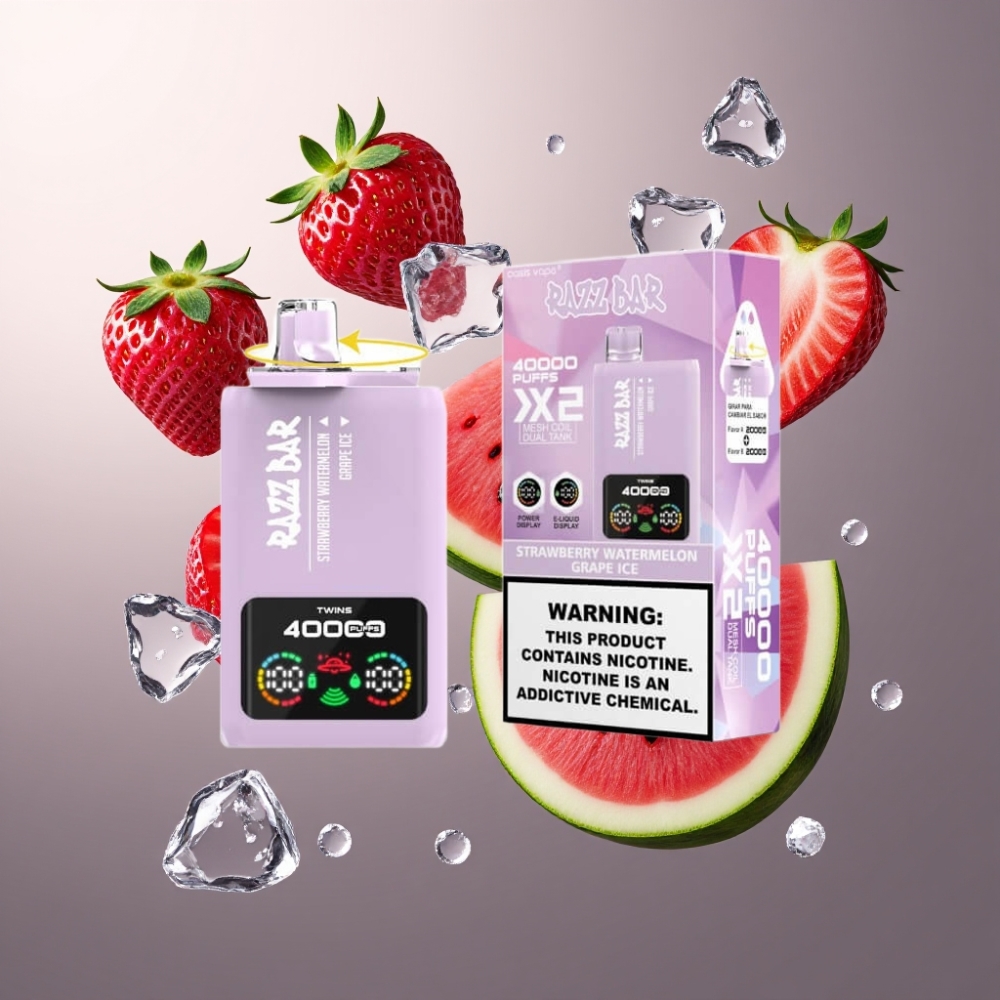 Razz Bar 40000 Puffs Norge Engros Vape til Engangsbruk Jordbær, Vannmelon & Drue Is med Power Screen Display, 1.0Ω 2 Mesh Coil og 650 Mah Type-C Batteri