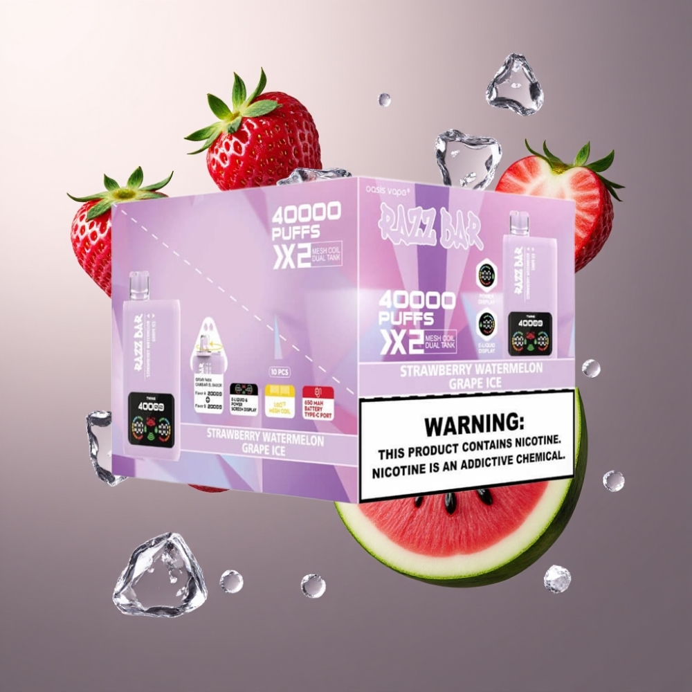Razz Bar 40000 Puffs Norge Engros Vape til Engangsbruk Jordbær, Vannmelon & Drue Is med Power Screen Display, 1.0Ω 2 Mesh Coil og 650 Mah Type-C Batteri