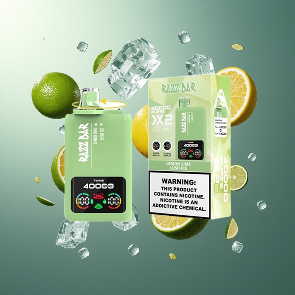 Razz Bar 40000 Puffs Norge Engros Vape til Engangsbruk Sitron Lime & Lush Ice med Power Screen Display, 1.0Ω 2 Mesh Coil, 650 Mah Battery Type-C Port, 2%/5% Nikotin