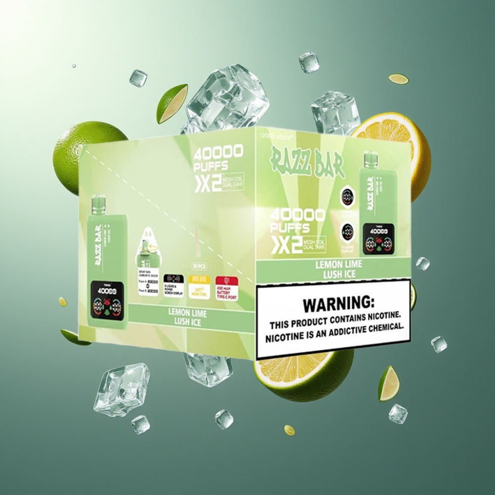 Razz Bar 40000 Puffs Norge Engros Vape til Engangsbruk Sitron Lime & Lush Ice med Power Screen Display, 1.0Ω 2 Mesh Coil, 650 Mah Battery Type-C Port, 2%/5% Nikotin