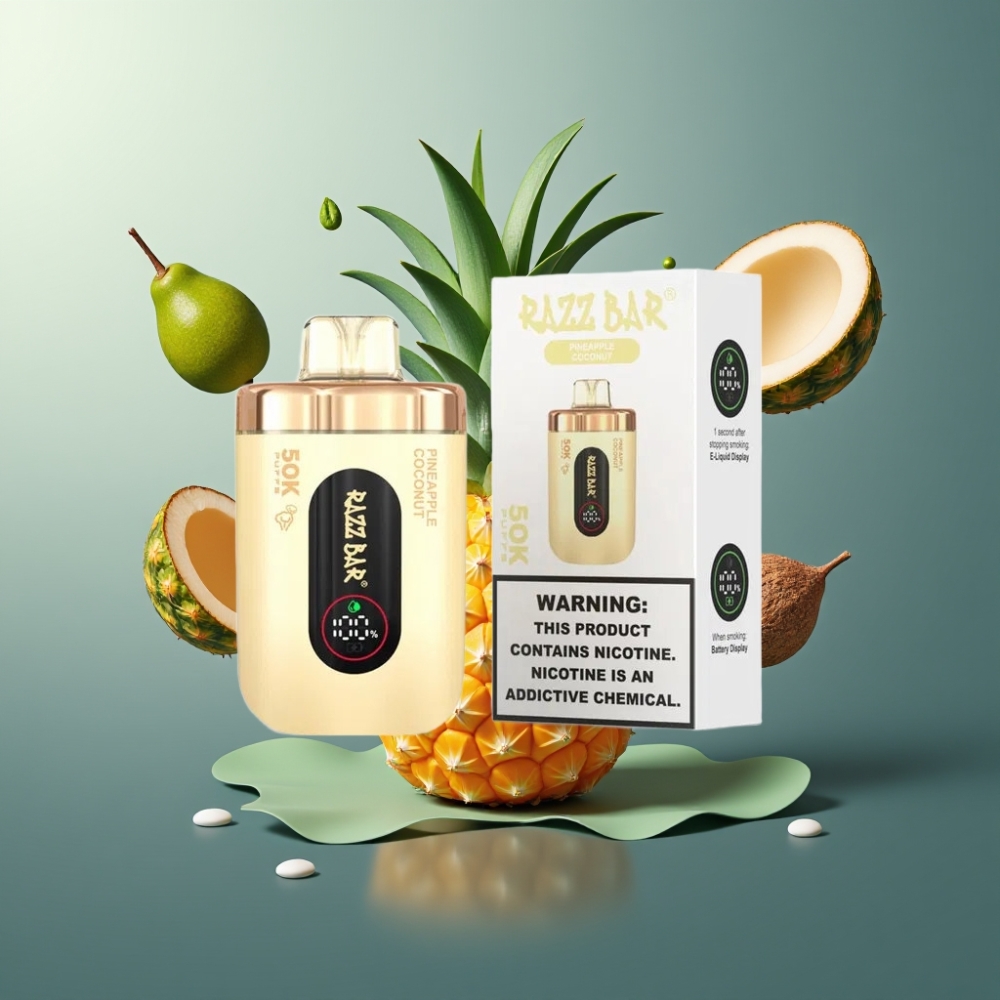Razz Bar 50K Puffs Norge Engros Vape til Engangsbruk Ananas Kokos 50000 Puffs, 1.0 Ohm Mesh Coil, Type-C