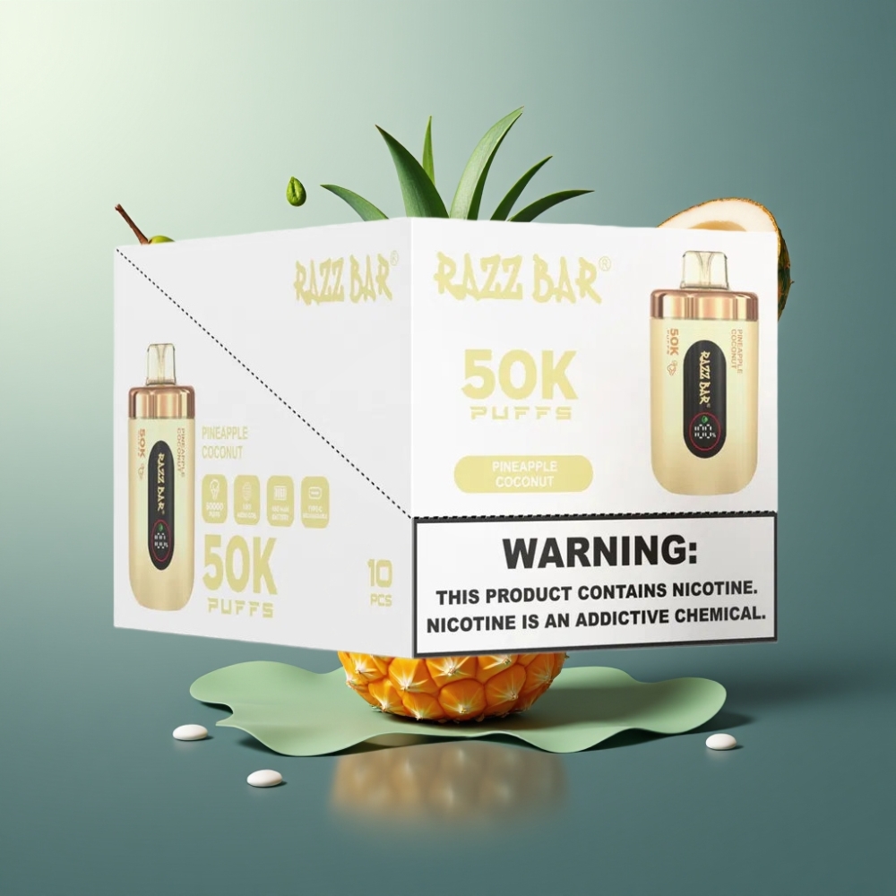 Razz Bar 50K Puffs Norge Engros Vape til Engangsbruk Ananas Kokos 50000 Puffs, 1.0 Ohm Mesh Coil, Type-C