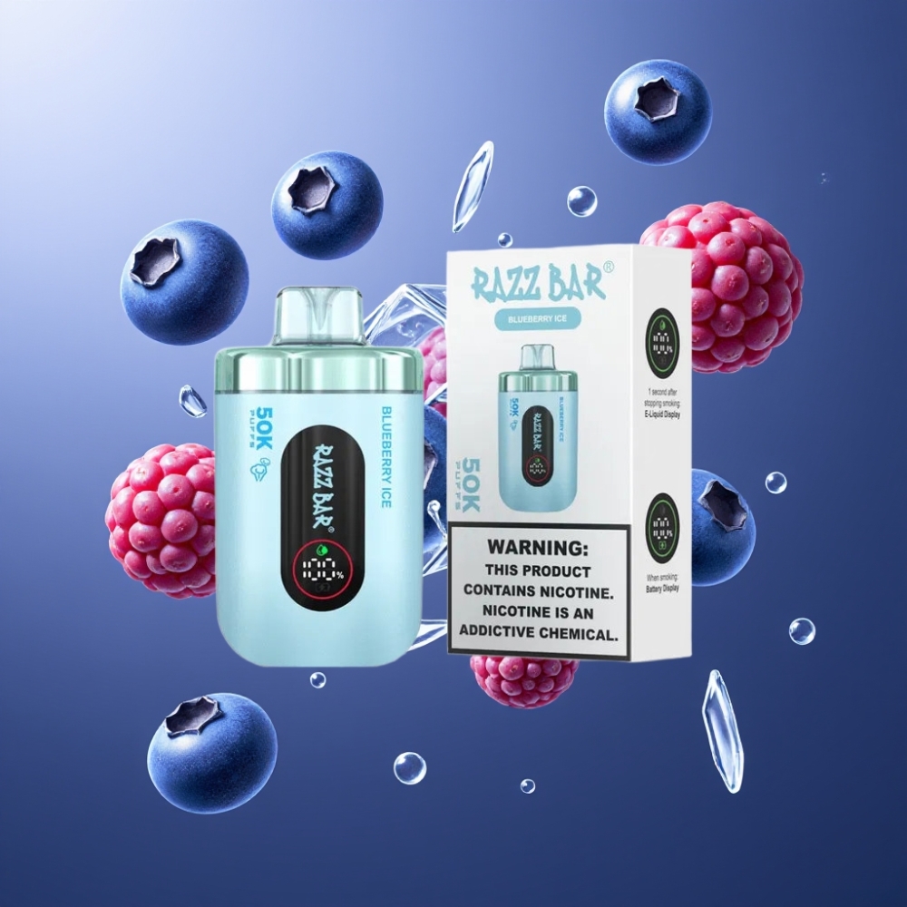 Razz Bar 50K Puffs Norge Engros Vape til Engangsbruk Blåbær-Iskrem 50000 Puffs, 1.0 Ohm Mesh Coil, Type-C Lading